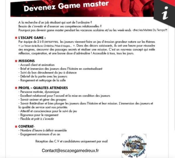 Recrutement EscapeGame Dreux